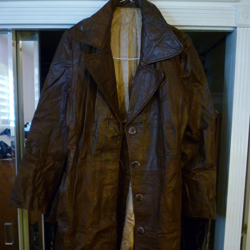 brown leather coat 40" Suede Life runs narrow 14